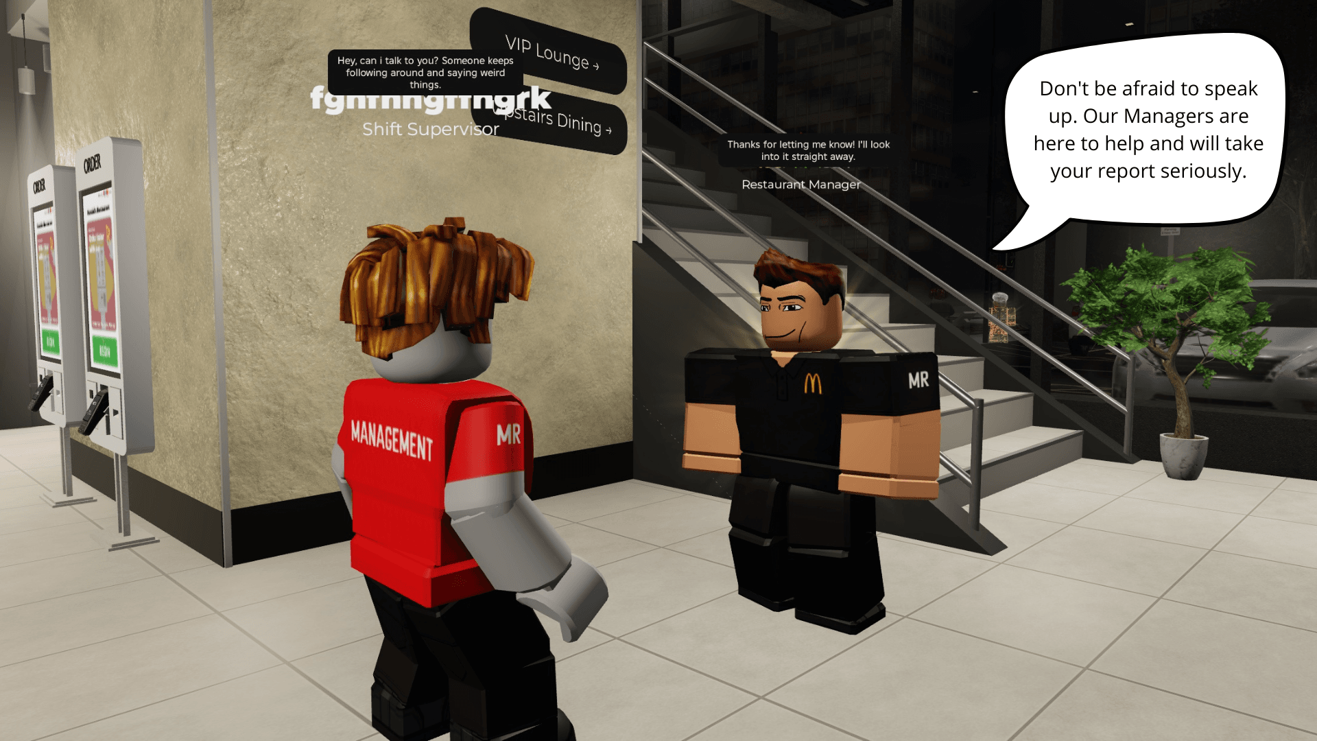 Player approaching a Manager in-game to report an issue